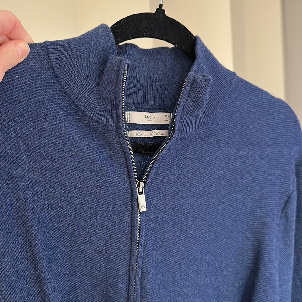 Mango men’s cotton cashmere blue zip up knit jumper long sleeved size large